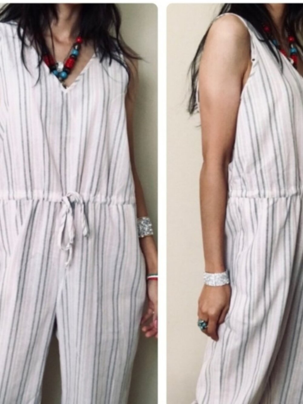 Drew Striped Jumpsuit Sz Small White Pink Gray Drawstring Waist Pockets
